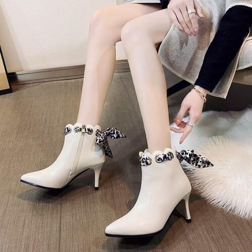 Womens Ankle Boots Bowtie Elegant Ladies Fashion Pointed Toe High Heels Womens Leopard Pump Women Casual Short Shoes Plus Size