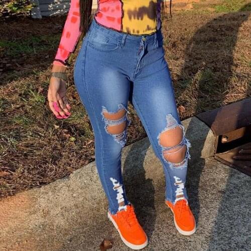 Women Sexy Hollow Out Skinny Distressed Blue Jeans Woman Fashion High Waist Destroyed Denim Pencil Pants