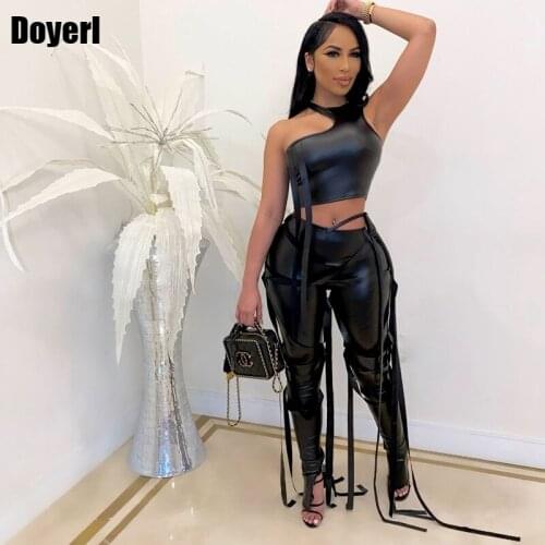 PU Leather One Shoulder Two Piece Set Women Top and Pants Sets Club Party Bodycon Sexy Matching Outfits Festival Clothing Rave