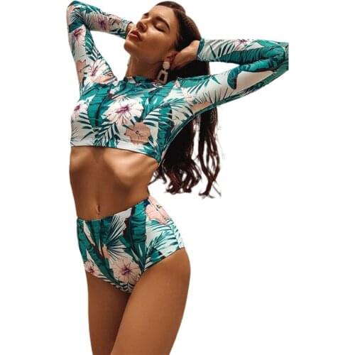 Xingqing Bathing Suit Set Women Floral Print Round Neck Long Sleeve Crop Tops+ Bikini Panties for Summer Two Piece Beach Set