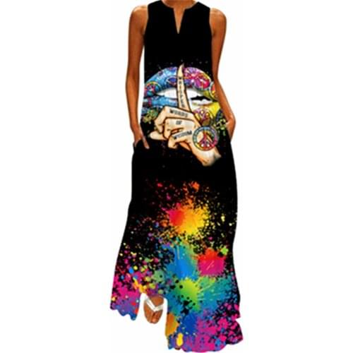 Womens 2021 Retro Floral Maxi Dress Summer Print Sleeveless Pocket Loose Casual Dress V-Neck Sexy Female Long Dresses