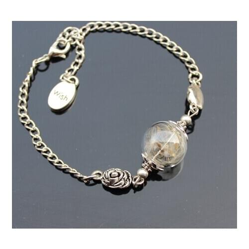 1PC 16MM Real Dandelion Bracelet Handblown Glass Globe Mothers Day Hand Blown Wish Bracelet For Women