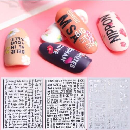 1pcs 3D Nail Stickers Letters Writing White Black Silver Designs Manicure Nails Art Decorations Adhesive Sliders Decals