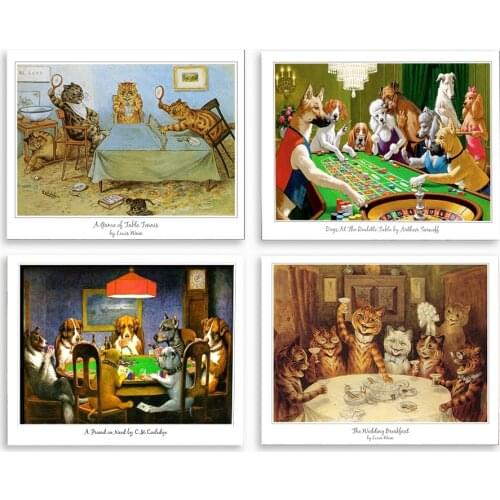 Canvas Printing Dog Art Playing Poker Painting Modern Abstract Cat Breakfast Poster and Print Home Decoration Poster on the Wall