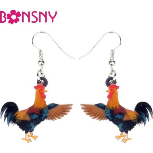 Bonsny Acrylic Anime Floral Greeting Rooster Chicken Earrings Big Long Dangle Drop Novelty Animal Jewelry For Women Girls Teens