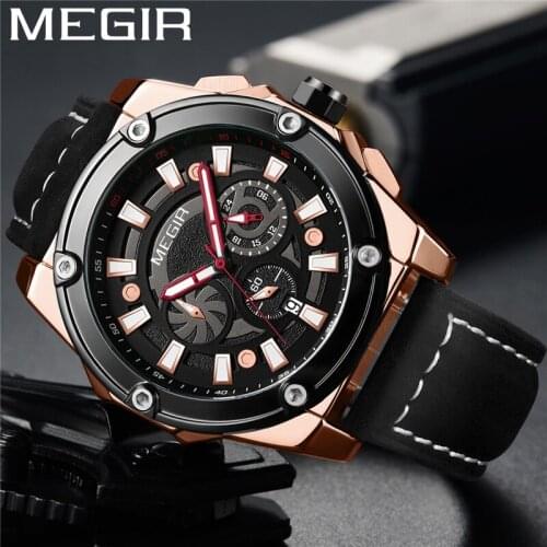 MEGIR Watch Men Chronograph Military Male Clock Top Brand Luxury Gold Genuine Leather Fashion Classic Man Sport Wristwatch 2122