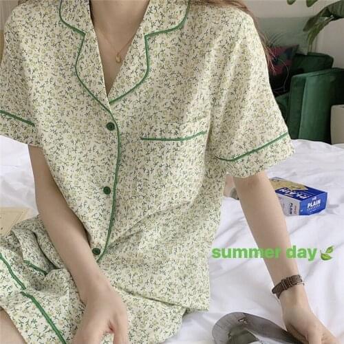 Korea Floral Print Home Clothes Women Pajamas Set Summer Short Sleeve Sleepwear 2 Piece Set Casual Sweet Cardigans Shorts Suit