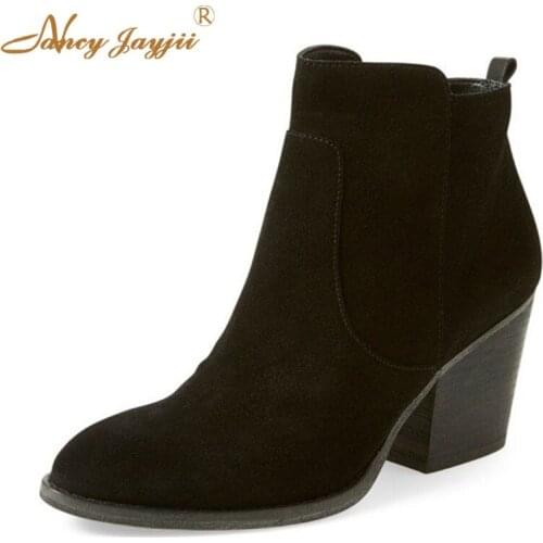 Ankle Short Boots Black Top Quality Womens Handmade Winter High Square Heel Zipper Pointy Toe Casual Autumn Shoes Botas De Chuva