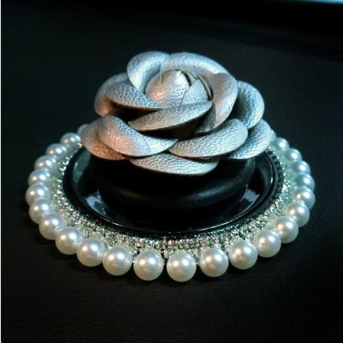 Beautiful Car Dashboard Ornament with Pearl Leather Flower Shape Perfume Seat for Women Home Office Car Interior Decoration