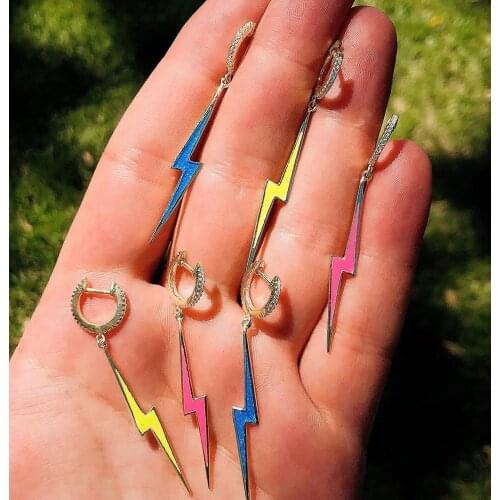 Summer hot selling colorful jewelry CZ mini hoop Neon enamel lightning bolt charm earring