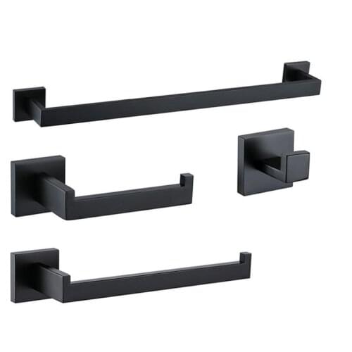 Matte Black 4-Piece Set Bathroom Accessories 304 Stainless Steel Wall Mount Toilet Paper Holder Towel Bar Ring Robe Hook