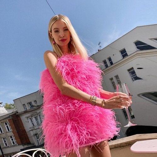Fashion Puffy Feathers Mini Dresses Women 2020 Sexy Strapless Sleeveless Short Prom Gown Cocktail Party Dress Girls Custom Made