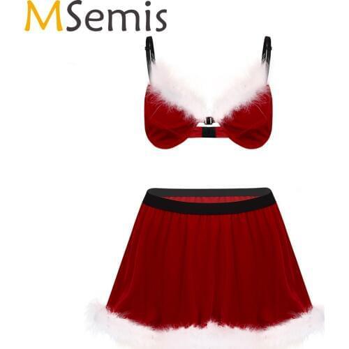 MSemis Men Halloween Cosplay Sissy Sexy Santa Christmas Lingerie Set Exotic Apparel Soft Velvet Feathered Bra with Mini Skirt