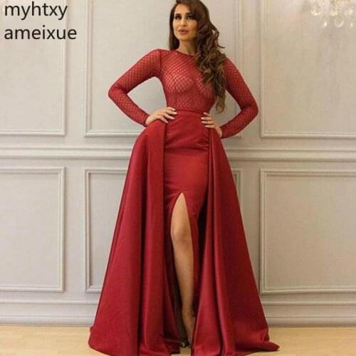 New Red Sexy Mesh Plus Size Long Sleeve Evening Dresses 2021 Arabic Party Dress Gown Dubai Kaftan Formal Robe De Soiree Galajurk