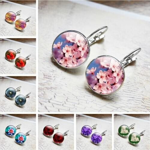 Charm Sakura Daisy Ladies Round Earrings Glass Cabochon Earrings Jewelry Daisy Rose Flowers Bohemia Ladies Party Earrings