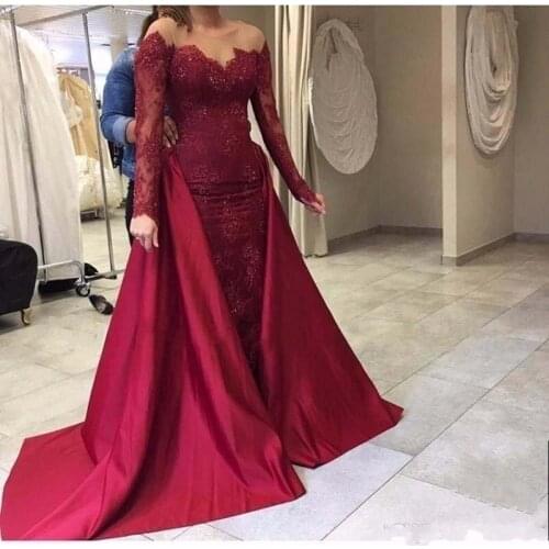 Burgundy Dresses Evening Elegant Formal Gown trouwjurk robe de soriee Long Dress Full Sleeves Dress Lace vestido de festa longo