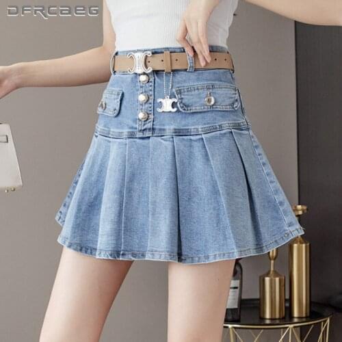 Streetwear Summer Women Pleated Skirt Denim 2021 High Waist School Style Japanese Short Jeans Mini Skirts Female