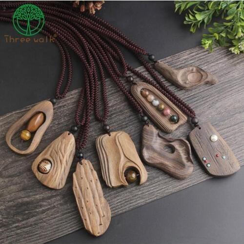 Vintage Sandalwood Natural Stone Pendant Necklace for Women and Girls Long Sweater Chain Adjustable Jewelry GiftSouvenir