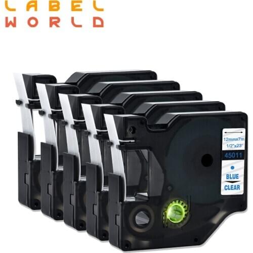 Label World 45011 Compatible Dymo Label manager 12mm D1 blue on clear Dymo Maker 45011 Label Tape Dymo PNP 5pack