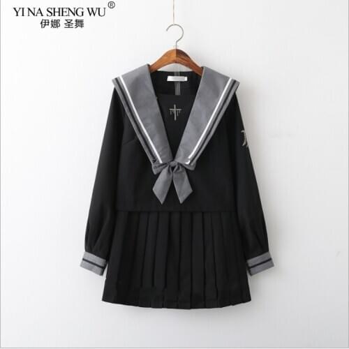 Black Long Sleeve Top Pleated Skirt Japanese School Uniform for Girl High School JK Uniform Women Korean Student Sailor Costumes