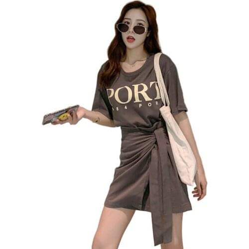 2021 Summer New Fashion Foreign Style Top Medium Long Short Sleeve T Shirt Skirt Womens Loose Casual T-shirt Two Piece Set