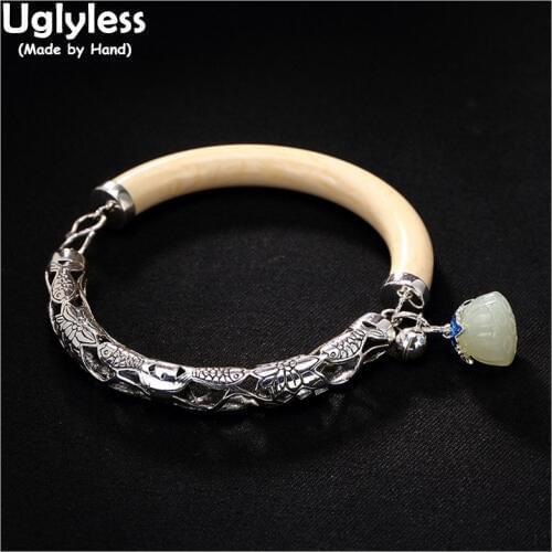 Uglyless Real 925 Sterling Silver Nature Jade Lotus Bangles for Women Asymmetrical Charms Bracelet Hollow Ivory Nut Thick Bangle