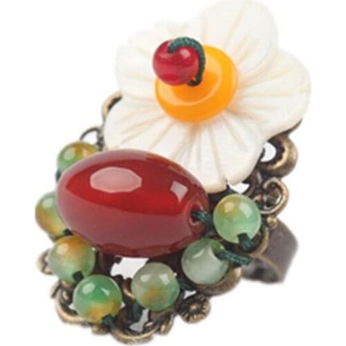 Antique Copper Flower White Shell Oval Red Agates Resizable Finger Ring with Small Beads for Women Jewelry