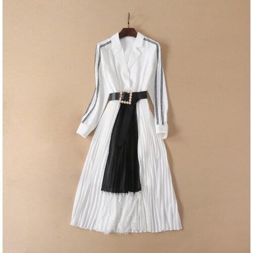 Free Shipping 2021 Fashion Runway Dress Women Notched Lace Patchwork Pleated Dresses With Saches Elgant Lady Outwear