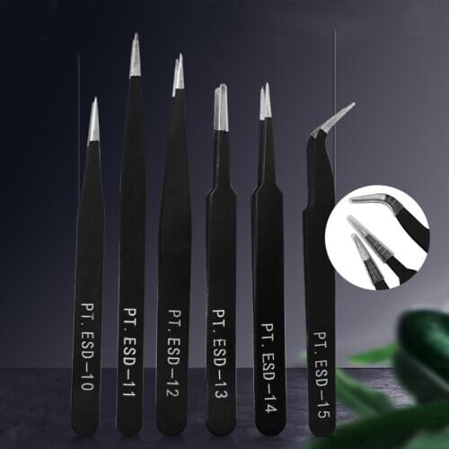 1/6PCs ESD Precision Industrial Tweezers Anti-static Magnetic Stainless Steel Tweezers Set for Electronics Soldering Tweezers