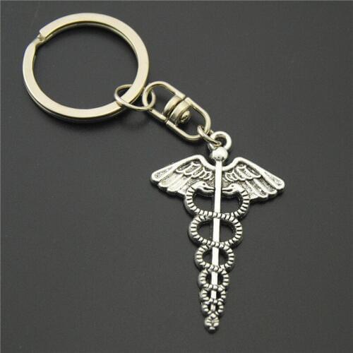1PCS Silver Color Caduceus Symbol Mercurial Staff With Winged Snakes Key Chains Diy Handmade E864
