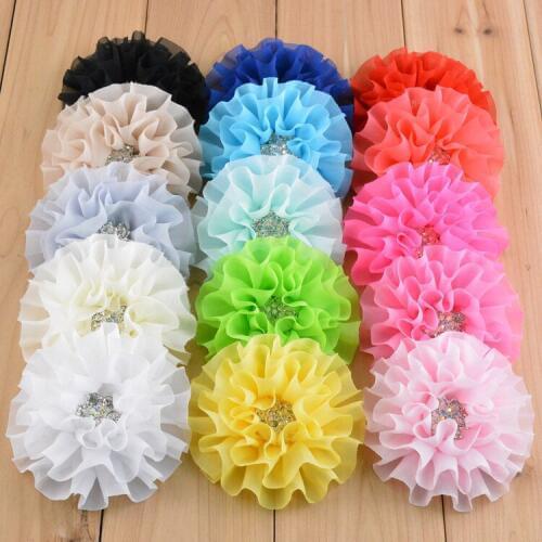 20 pcs/lot , 3.5 inch handmade chiffon Ruffled Flower with Rhinestone Fray Flowers