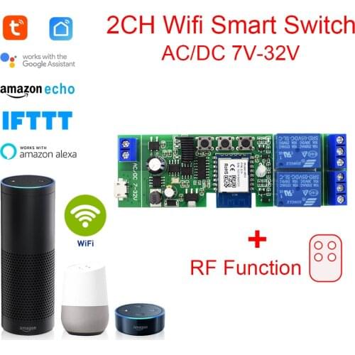 2CH Tuya APP Wifi Wireless DIY Smart Switch Module 433 Remote Control Smart Home Garage Universal Remote Relay Alexa Google Home