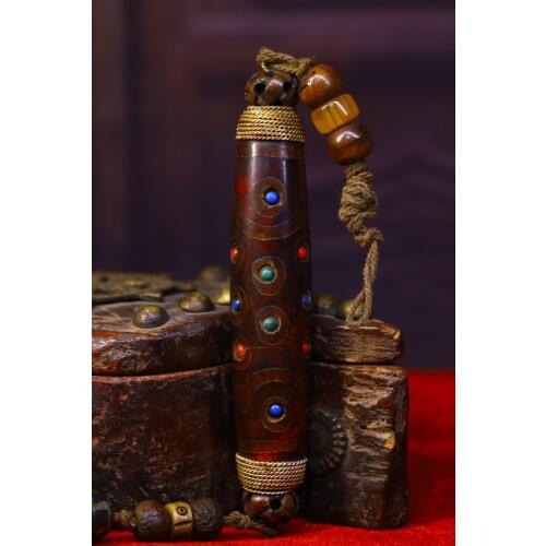 5" Tibet Buddhism Old Natural agate mosaic Gem Filigree 5 eyes Dzi Bead Pendant Town House Exorcism Ward off evil spirits