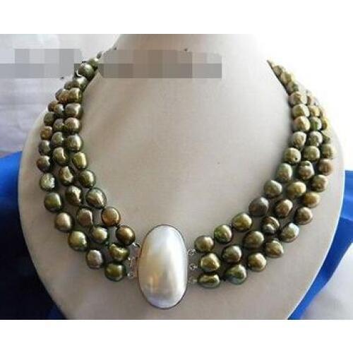 Free Shipping >> 3strands 18'' 10mm Green Baroque Freshwater Pearl Necklace hi