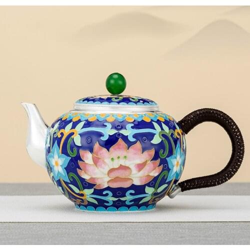 Pure Silver 999 Teapot Pure Handmade Cloisonne Lotus Retro Style Chinese Household Pure Silver Teapot