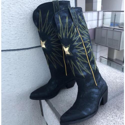 Retro Leather Embroidery Stars Knee High Boots Women Bristish Knight Gladiator Mid Calf Booties Female Chunky Heels Martin Boots