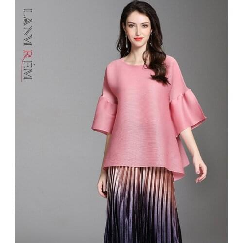 LANMREM 2021 Summer New Pattern O-neck Half Flare Short Sleeve T-shirt Pleated Elastic Ladies Fashion Loose T-Shirt YF724