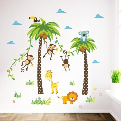 Forest Animals Giraffe Lion Monkey Palm Tree wall stickers for kids room Children Wall Decal Nursery Bedroom Decor Poster Mural