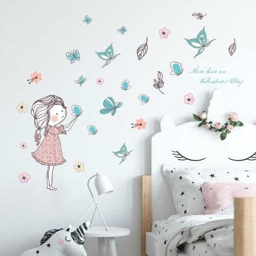 Flying Butterfly Girl Wall Stickers Bedroom Girls Room Home Decoration Art Mural Cartoon Stickers Childrens Room Wallpaper