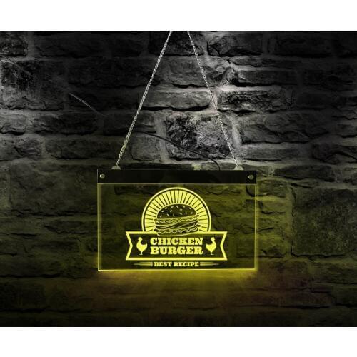 Best Recipe Chicken Burger Business Logo Lighted Hanging Sign Fast Food Hamburger Rectangle Acrylic Light Board Restaurant Decor