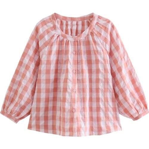 MESTTRAF Women 2021 Fashion Sweet Round Neck Plaid Print Blouse Retro Middle Sleeve Loose Button Shirt Streetwear