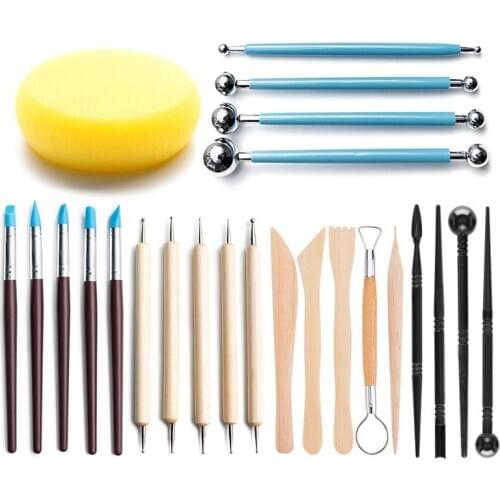 24 Pcs Set Pottery Tools DIY Clay Clay Sculpture Carving Knife Sponge Ball Stick Drill Pen Silicone Pen Pottery &Ceramics Tools