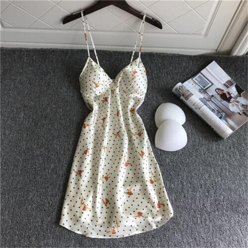 Sleepwear Korean printed Nightgown women summer small chest gathered sexy strap chest pad skirt home service sweet night skirt