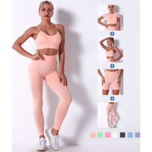 2021 New Seamless Women Yoga Set Workout Sportswear Gym Clothing Fitness Short Sleeve Crop Top High Waist Leggings Sports Suits