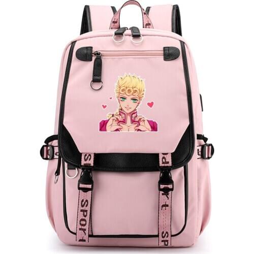 Jo Jos Bizarre Adventure Women Pink Back Pack Nylon School Bags Pink Bookbag Large Travel Backpack USB Charging Laptop Bagpack