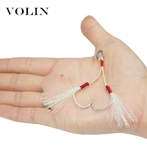 VOLIN Sea Fishing Hook with Kevlar Line Fishing Hook Slow Jig Jigging Hook With Luminus Feather 1/0 2/0 3/0 4/0 5/0 Carbon Steel