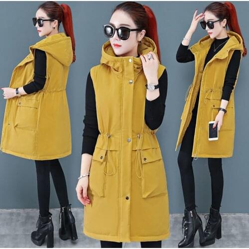 Female Hooded Sleeveless Jacket Korean Winter Warm Parkas Plus Size Slim Long Vest Jackets Solid Casual Womens Waistcoat Coat