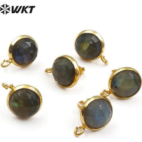 JF328 Natural Labradorite Stud Earring Jewelry Finding Round Shape Faceted Stone With Gold Bezel Post Stud Earring Connector