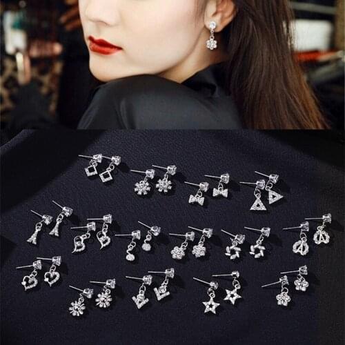 New Korean Shiny Heart Crystal Drop Earrings For Women Girls Fashion Rhinestone Geometric Flower Earrings Party Jewelry Gift