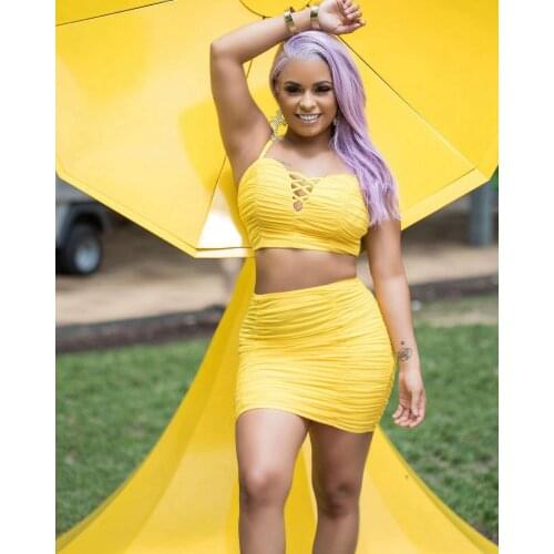 2021 New Arrival Famous Brand 2 pcs Women Set Solid Ruched Spaghetti Strap Short Tops Mini Dress Summer Sexy Outfits